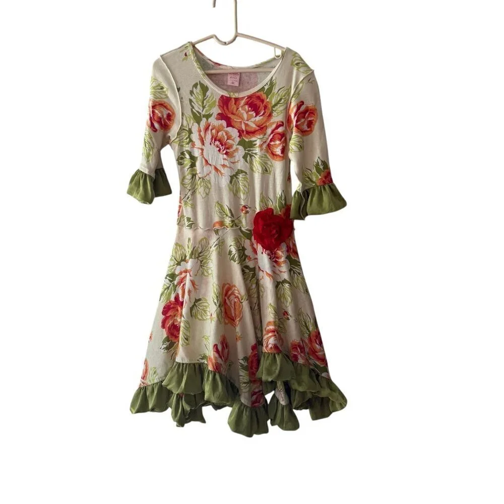 Floral Giggle Moon Girls Dress With Green Ruffled Hem & Sleeves Rosette Size 6X